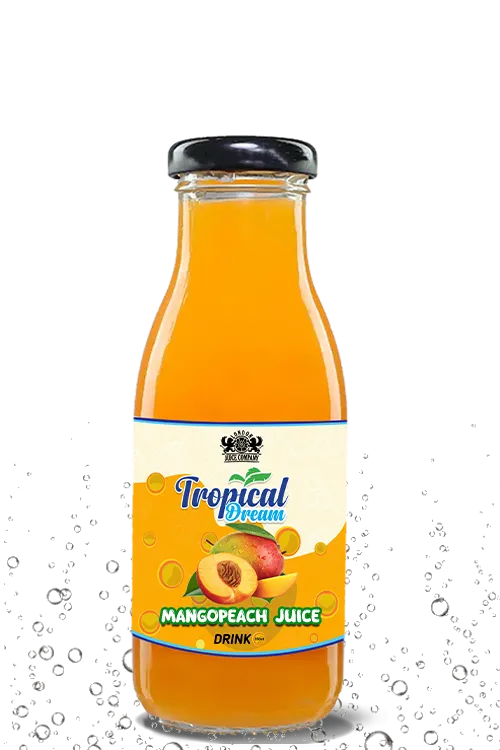 Tropical Dream MangoPeach Juice Drink by London Juice Company in a clear glass bottle with a black cap.